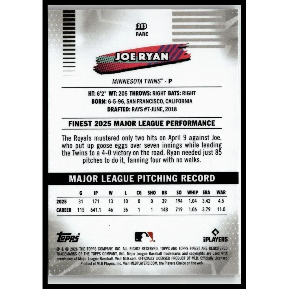 2026 Topps Finest Joe Ryan #213 Minnesota Twins RARE